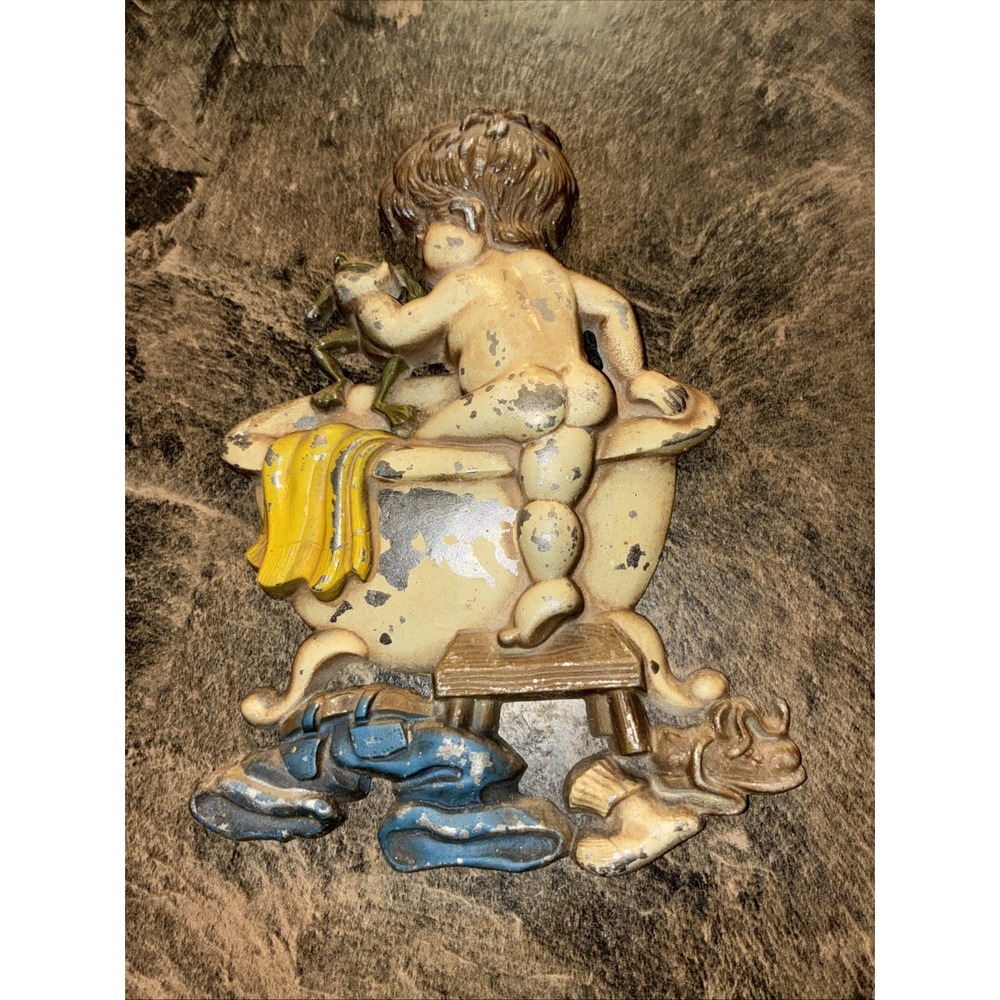 Sexton wall cast deco vintage little boy climbing into the bathtub with his frog